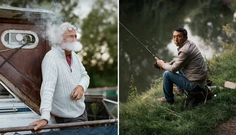Split composition comparing a man smoking a pipe by a vintage vehicle with another man fishing by a riverbank.