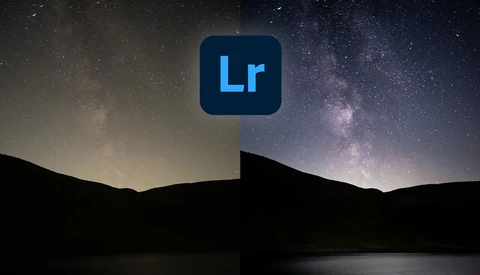 Logo for Adobe Lightroom displayed over a nighttime landscape with starry sky and silhouetted hills.