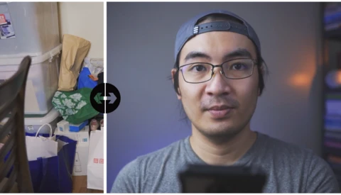 Split-screen comparison showing messy kitchen counter on left and portrait of person wearing glasses and cap on right.