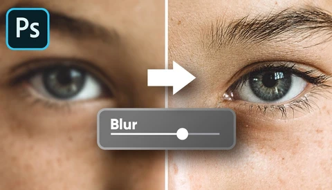 Screenshot of Photoshop blur adjustment comparing a blurred eye on the left with a sharp eye on the right.
