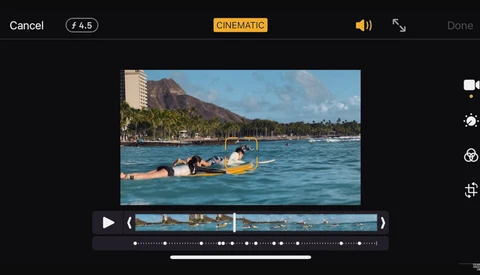 Screenshot of video editing interface showing cinematic color grading applied to tropical beach scene.