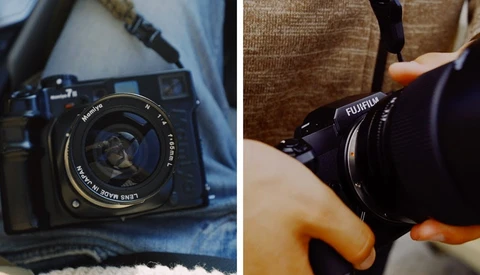 Two side-by-side photos of cameras: a rangefinder camera on denim fabric and a Fujifilm mirrorless camera held in hands.