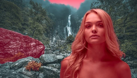 Woman with long pink hair in a canyon landscape with waterfall and dramatic red sky.