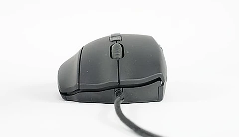 Dark gray wired computer mouse shown from above at an angle on white background.