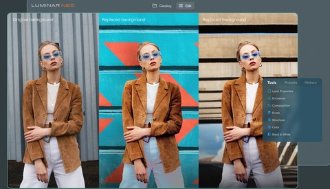 Screenshot of background replacement tool showing three versions of woman in brown blazer with different digital backgrounds.