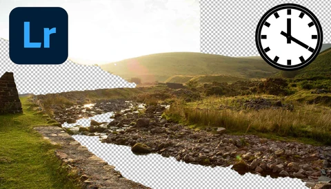 Rural landscape with winding stream, green fields, and hills under golden sunlight.