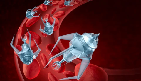 Illustration of nanobots or medical devices flowing through a blood vessel surrounded by red blood cells.