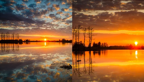 Serene lake at sunset with silhouetted bare trees reflected in still water under golden and orange sky.