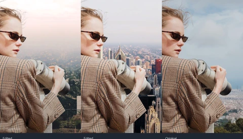 Woman in sunglasses and plaid blazer overlooking a city skyline, shown in three editing variations.