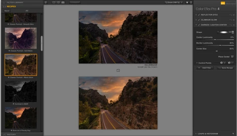Railroad tracks cutting through a canyon at golden hour with dramatic sunset sky and green vegetation on rocky cliffs.
