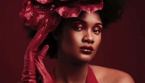 Woman with voluminous textured hair accessory against deep burgundy background.