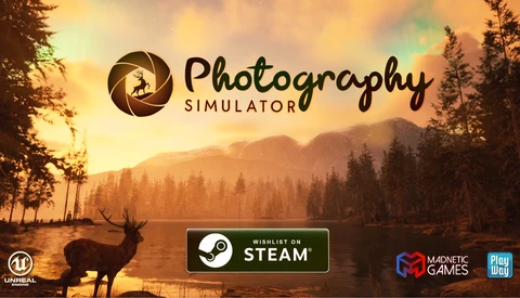 Screenshot of Photography Simulator game promotional graphics featuring a deer in a golden-hour forest landscape.