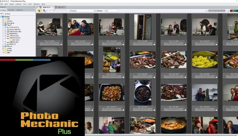 Screenshot of Photo Mechanic Plus software displaying a grid view of photographs including people and food images.