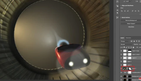 Screenshot of 3D rendering software showing a spacecraft with glowing engines inside a cylindrical tunnel.