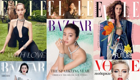 Collage of six magazine covers featuring fashion and lifestyle publications.