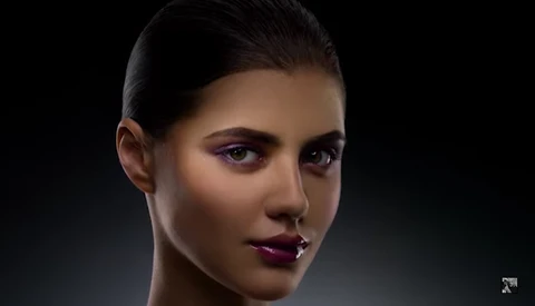 Woman's face in three-quarter view with dramatic purple eyeshadow and deep burgundy lipstick against dark background.