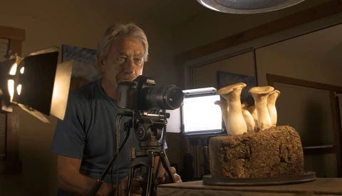 Photographer operating a cinema camera on tripod while filming Egyptian statue busts with professional lighting setup.