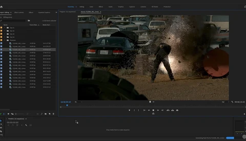 Action sequence showing a person being thrown backward from a car during a stunt, with dust and debris in the air.