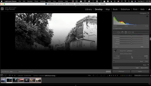 Screenshot of Lightroom Classic showing a black and white architectural photograph with histogram and editing panels visible.