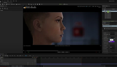 Screenshot of video editing software with a close-up profile shot of a woman's face in the main viewer.