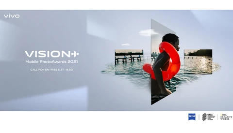 Promotional graphic for VISION+ Mobile PhotoAwards 2021 showing a person holding a red life preserver by the water.