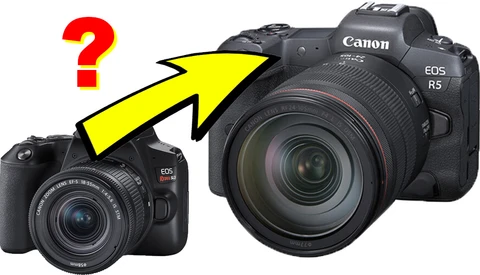 Graphic comparing Canon EOS R5 full-frame mirrorless camera to smaller Canon EOS M50 Mark II with yellow arrow indicating upgrade path.