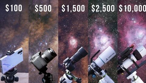 Graphic comparing five telescopes and mounts at price points from $100 to $10,000, each photographed against deep-space nebula backgrounds.