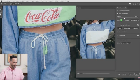 Photoshop interface showing color adjustment panels with fashion photography of a person wearing denim and a branded crop top.