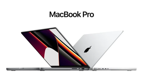 Product marketing illustration of three MacBook Pro laptops arranged in a row, displaying the device's design from different angles.