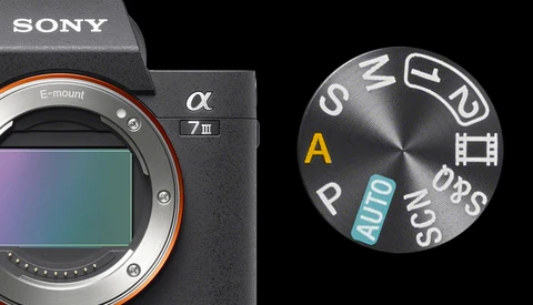 Sony α7 III camera body shown next to a mode dial graphic displaying exposure modes.