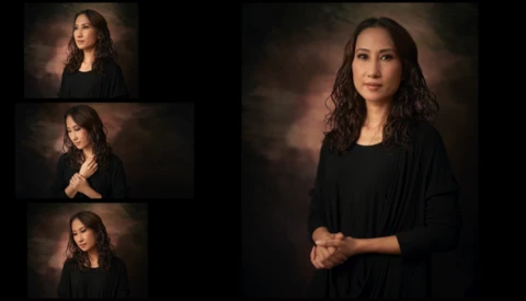 Professional portrait series showing a woman in black clothing against a textured dark background in multiple poses.