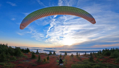 Paraglider silhouetted against sunset sky above forested terrain and distant water.