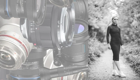 Split-screen comparison of camera lenses and a female athlete jogging on a trail.