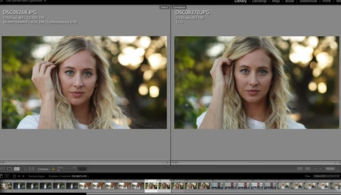 Screenshot showing side-by-side comparison of portrait editing in Lightroom, displaying the same blonde woman with different post-processing adjustments.