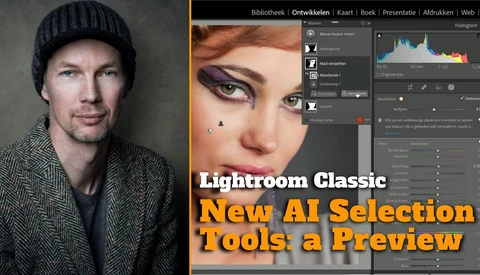 Screenshot of Lightroom Classic interface showing AI Selection Tools preview with portrait editing example.