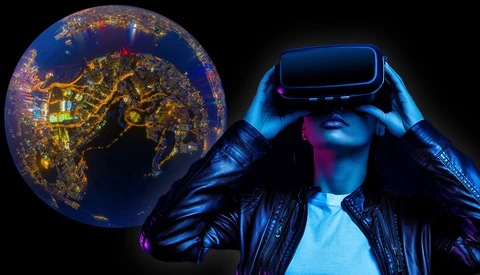 Person wearing VR headset with illuminated globe showing city lights beside them.