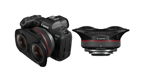 Canon EOS R5 mirrorless camera with dual fisheye lens adapter attachment.