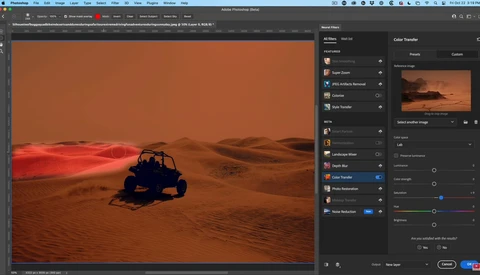 Screenshot of Photoshop displaying a desert landscape with a red dune buggy and warm color grading applied.