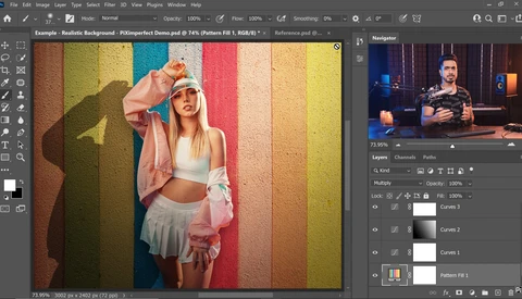 Screenshot of photo editing software showing colorful striped background with two people posing.