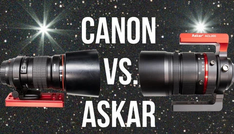 Comparison graphic of Canon and Askar telephoto lenses mounted on red optical benches against a starry background.