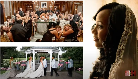 Wedding photography collage showing ceremony, reception, and bridal portrait details.