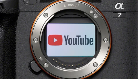 Sony E-mount camera body with YouTube logo displayed on the sensor.