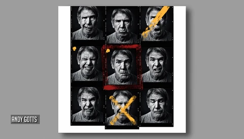 Grid of nine portrait photographs with dramatic lighting, two featuring golden brushstroke overlays forming an X pattern.
