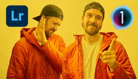 Two men in orange jackets against yellow background with Lightroom and macOS software icons.