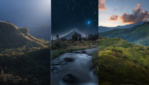Three landscape photographs arranged side-by-side showcasing mountain terrain, flowing water, and dramatic skies.