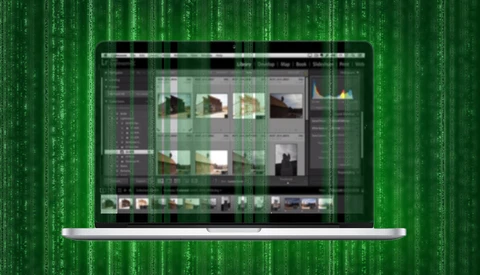 Screenshot of photo editing software displaying a grid of product images with a digital matrix background.