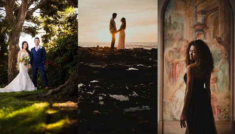 Three wedding and portrait photography scenes: couple under tree with bride in white dress, couple at sunset on dark landscape, woman in black dress against ornate mural.