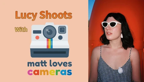 Graphic promoting a photography collaboration featuring a vintage instant camera illustration and portrait of a person wearing white sunglasses against a red background.