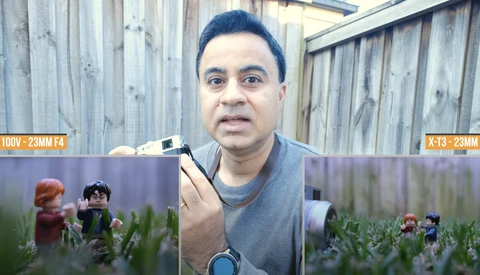 Photographer comparing two lens focal lengths side-by-side with footage samples showing different perspectives of toys in grass.
