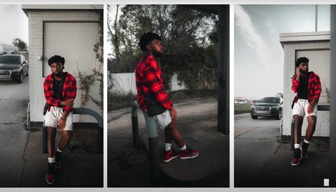 Young man in red plaid shirt and white shorts poses in three sequential shots near white building wall.